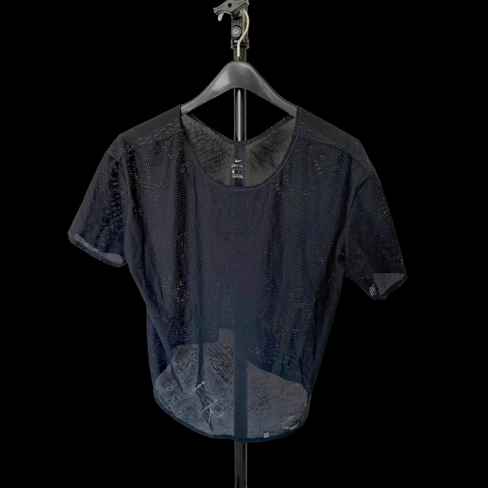 Nike Air Womens Dri-FIT Mesh Training Top Black Short Sleeve Crop Shirt Large